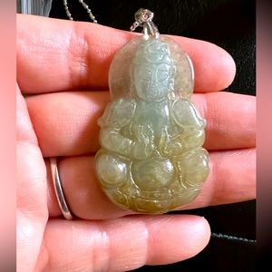 Certified genuine jade goddess pendant silver plated chain and earrings set .